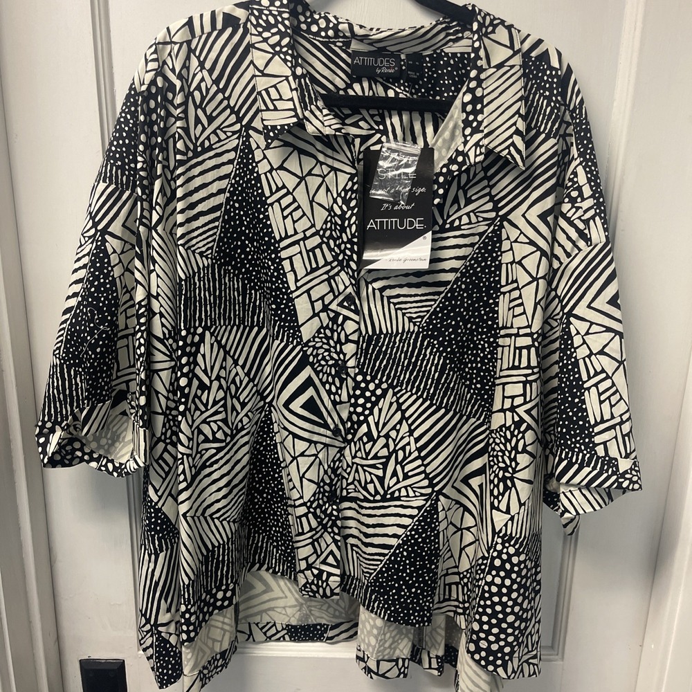 Attitudes by Renee Short Sleeve Blouse Geometric Pattern Ivory & Black Sz XL